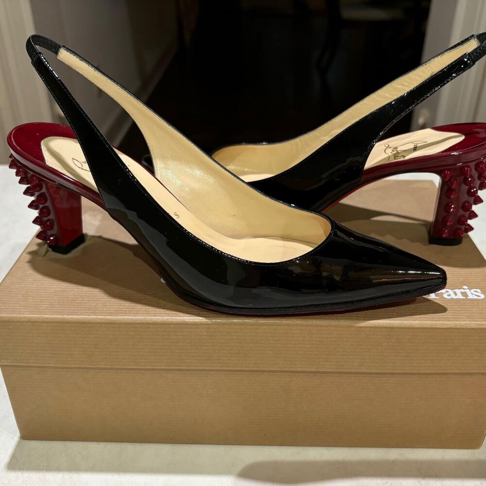 Christian Louboutin Lemer Pont Black Patent/Red Leather Pumps Studs Spike Heel
